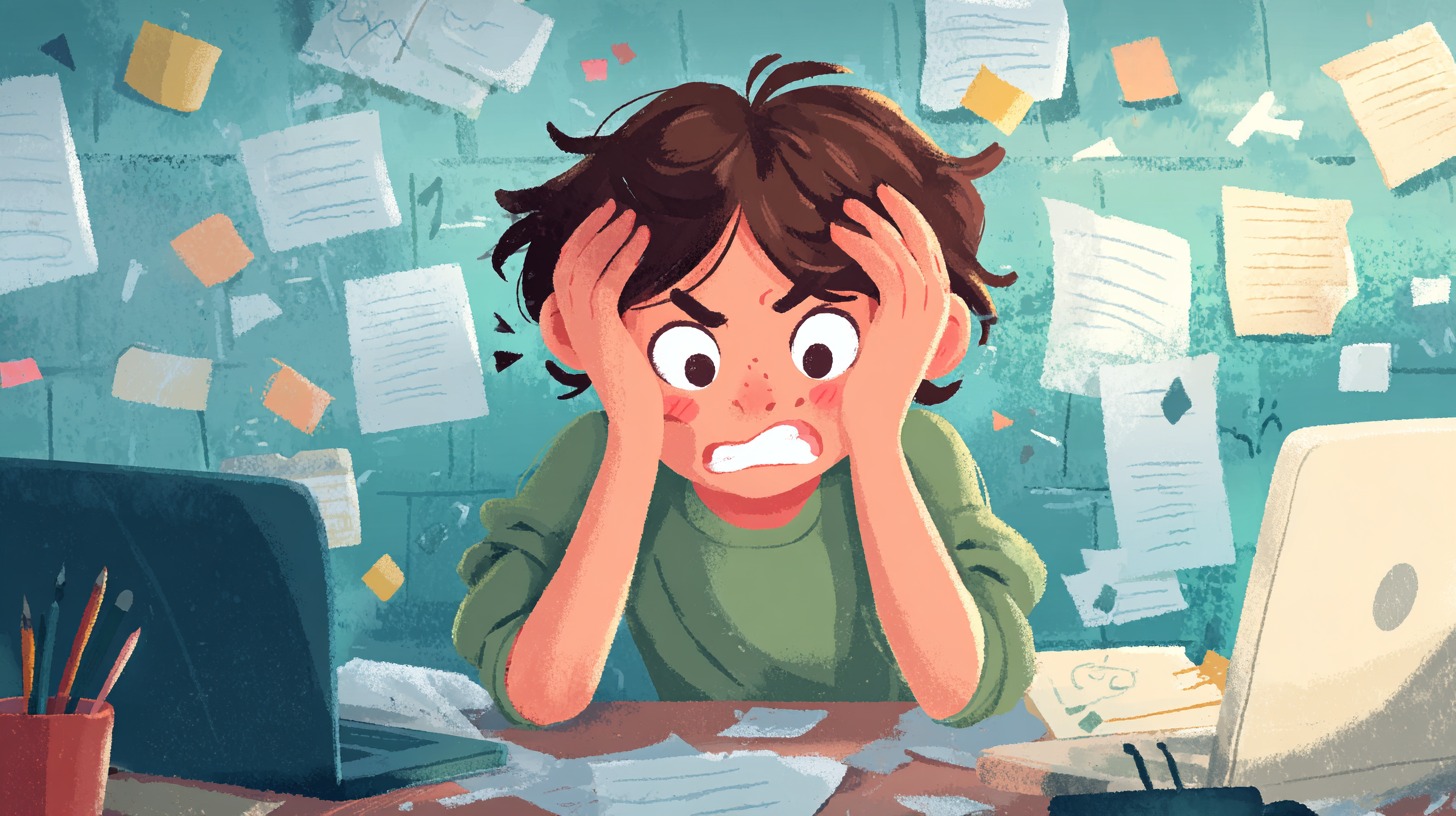 Illustration of a stressed student gripping their head in frustration, surrounded by flying papers and open laptops