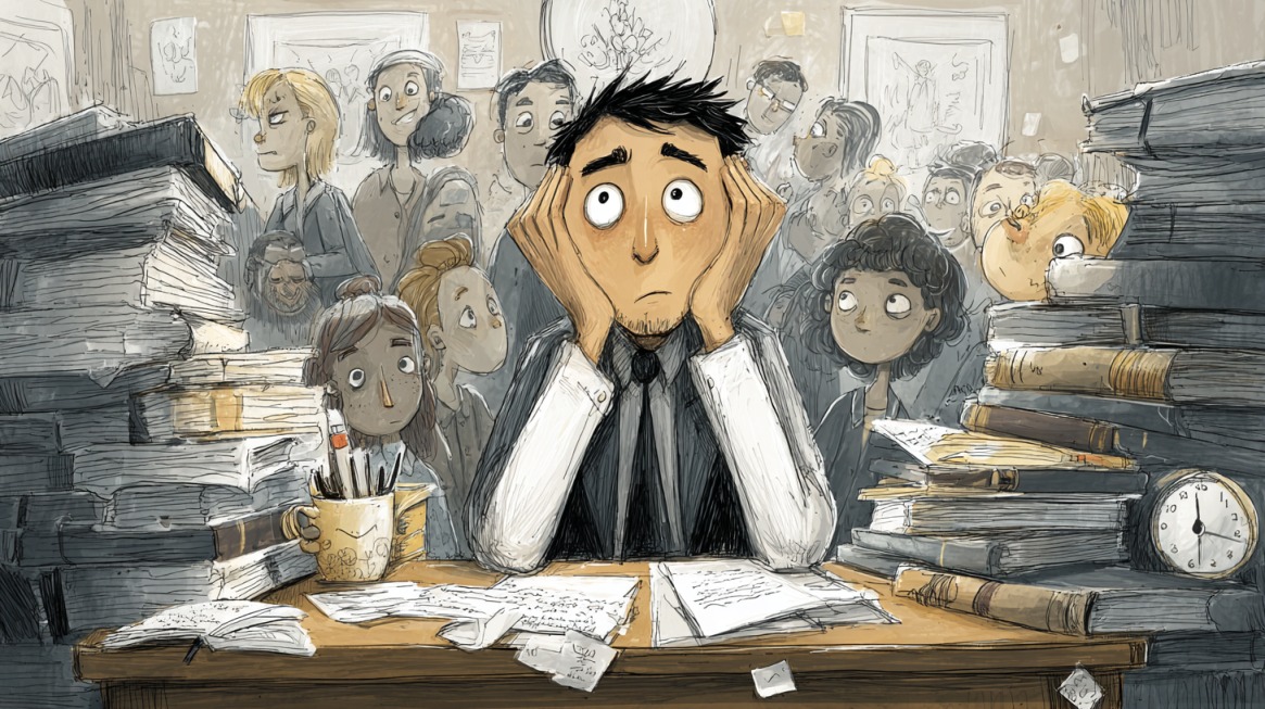 Illustration of a stressed teacher at a cluttered desk surrounded by stacks of papers and concerned students