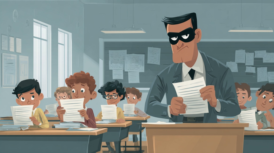 Illustration of a suspicious man in a mask holding papers among students in a classroom, symbolizing identity theft