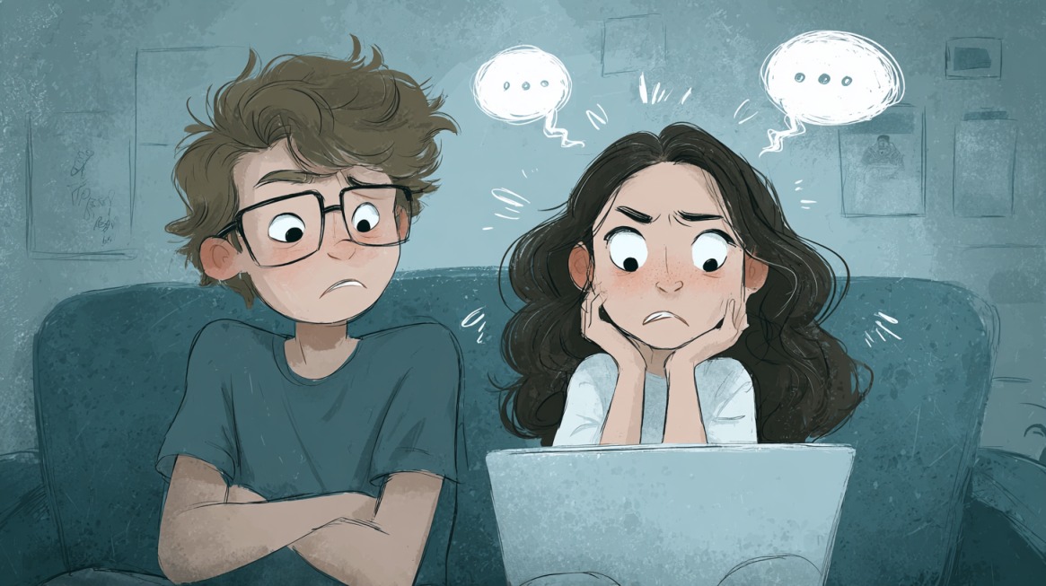 Illustration of two worried teenagers looking at a laptop, with speech bubbles indicating distress and confusion