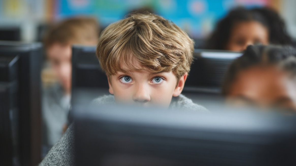 A young boy in a classroom staring at a computer screen with wide eyes, surrounded by other children using computers