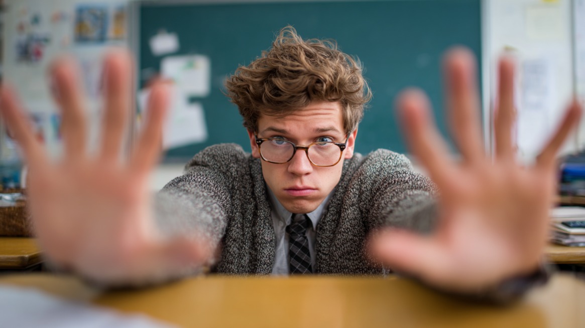 Student at desk holding hands up toward camera, looking overwhelmed in a classroom setting