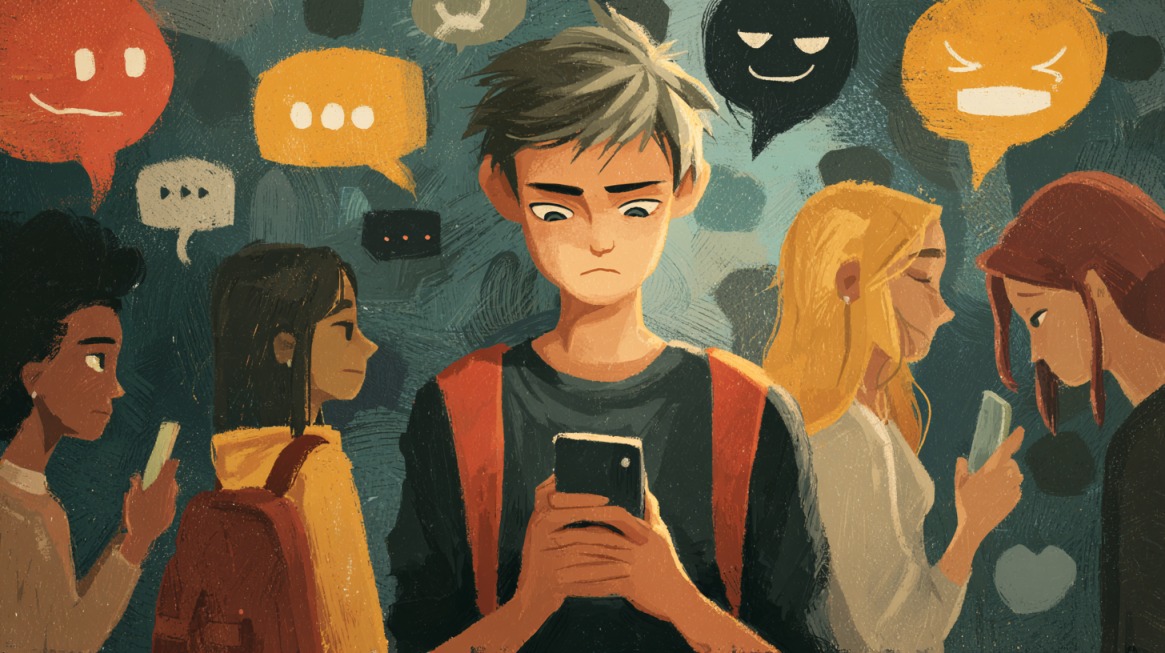 Illustration of a worried student looking at a smartphone, surrounded by others with sad or angry expressions and hostile message icons floating around them