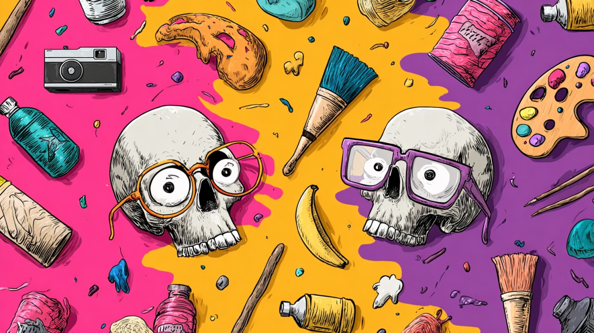 Colorful illustration of two skulls wearing oversized glasses surrounded by art supplies like brushes, paint tubes, and palettes on a bright pink, yellow, and purple background