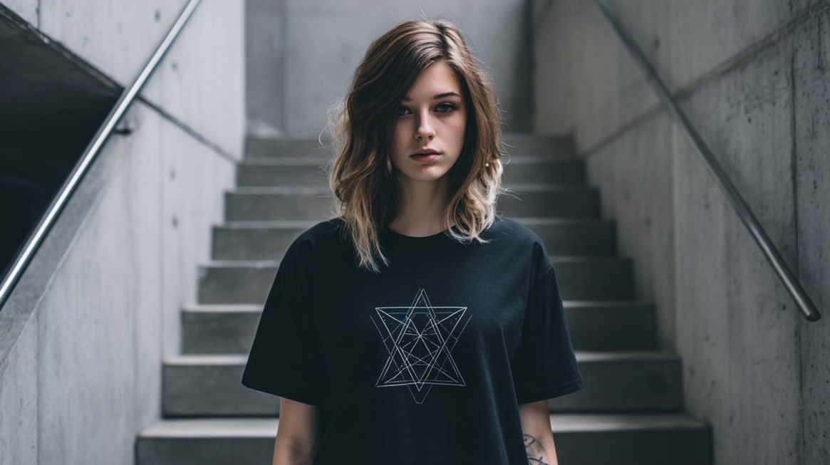 Young woman wearing a black graphic t-shirt with a geometric star design, standing on concrete stairs in an urban setting, looking directly at the camera with a serious expression
