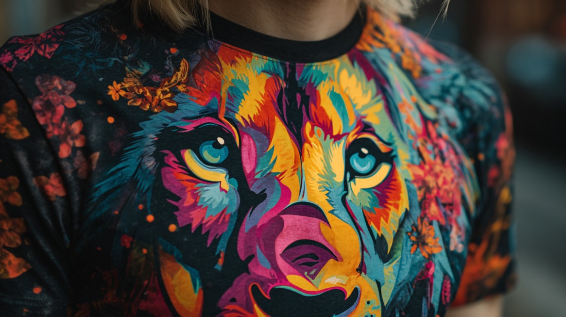 Close-up of a vibrant t-shirt featuring a multicolored wolf face with striking blue eyes, blending abstract patterns and floral accents
