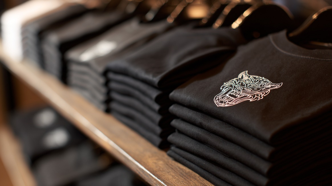 Neatly folded stacks of black t-shirts on a wooden shelf, each featuring a small white tiger head design on the chest