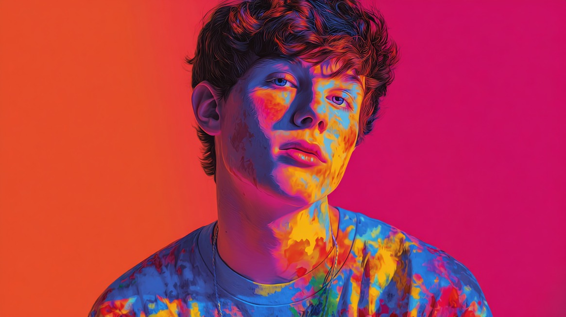 Digital artwork of a young person with curly hair wearing a tie-dye shirt, lit in vivid neon shades of orange, yellow, blue, and purple against a split pink and orange background