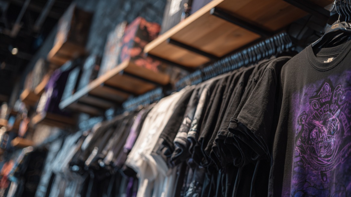 A row of black and white graphic t-shirts hanging on racks in a retail store, with shelves above holding folded merchandise