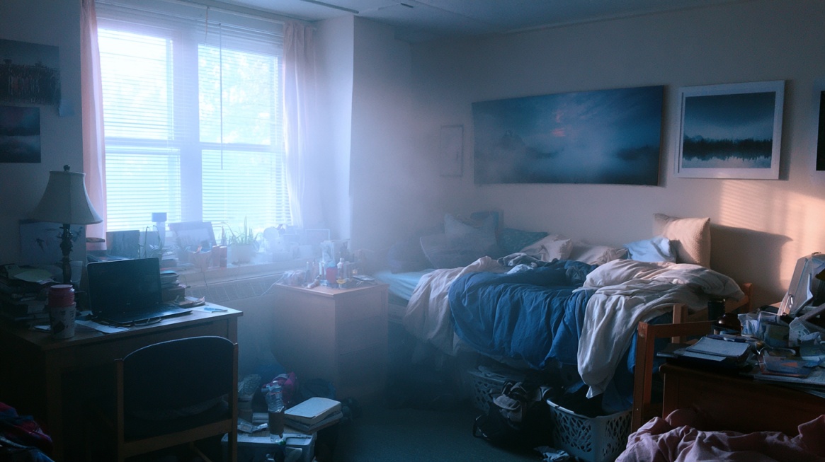 Shared student bedroom with beds, desks, personal belongings, and natural light from a large window.