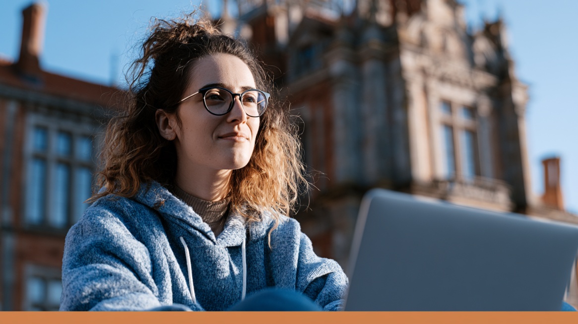 Female student with glasses using a laptop outside a university building.