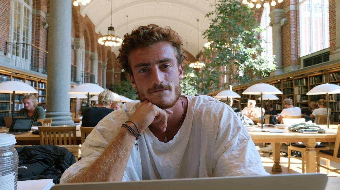 Male university student working on a laptop at a table in a large library.