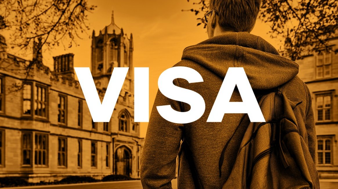 Student with a backpack standing outside a university building with the word visa across the image.