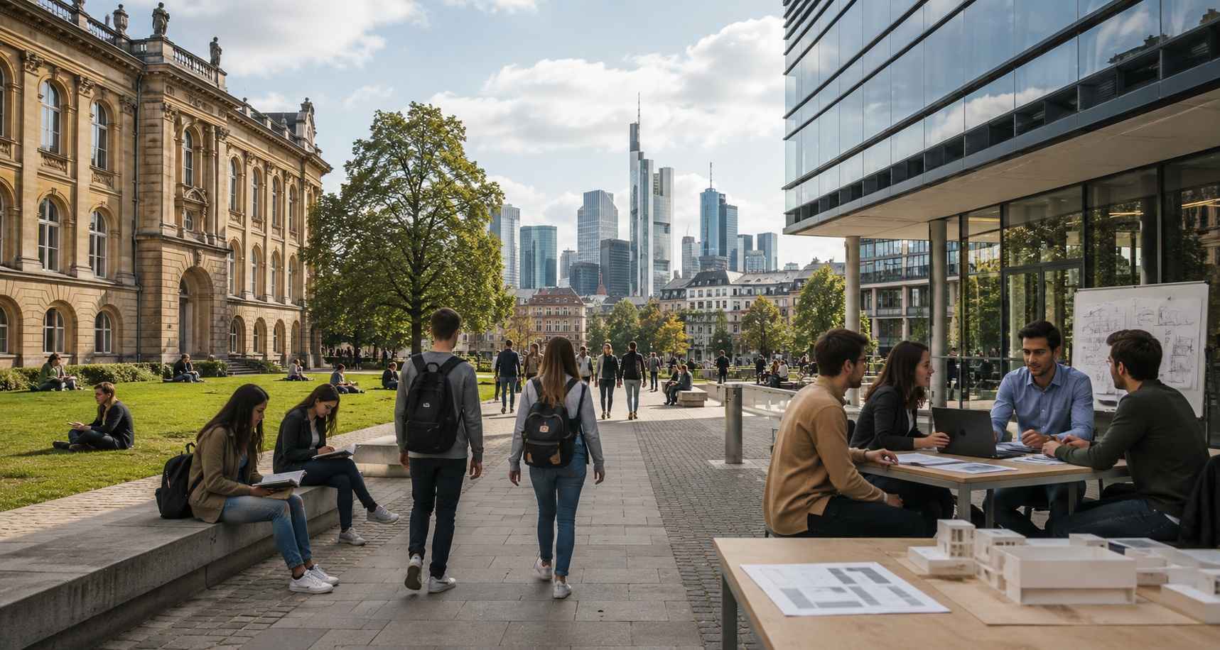 Students studying and collaborating on a university campus with historic buildings and modern architecture in Frankfurt.
